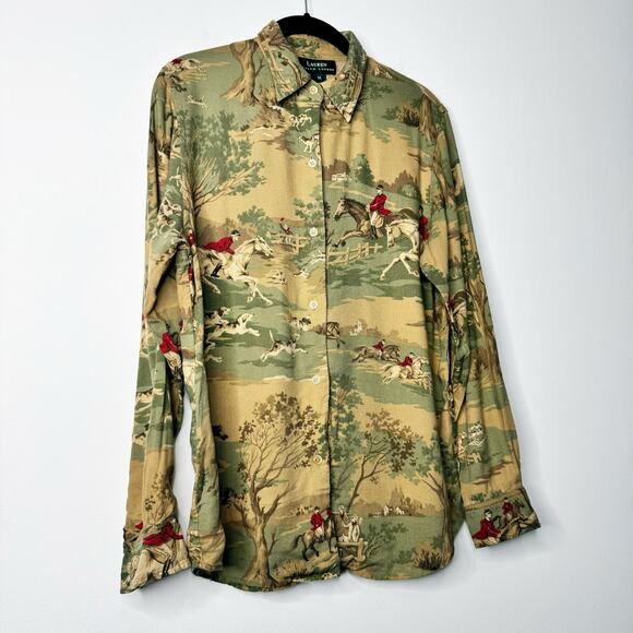 Lauren Ralph Lauren Equestrian Fox Hunt Shirt Women’s Medium Horse Print VTG - Picture 4 of 7